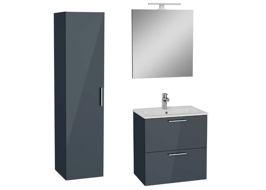 Koupalniški sestav vitra Mia u antracit sjaj izvedbi s keramičkim umivaonikom, ogledalom i LED rasvjetom.