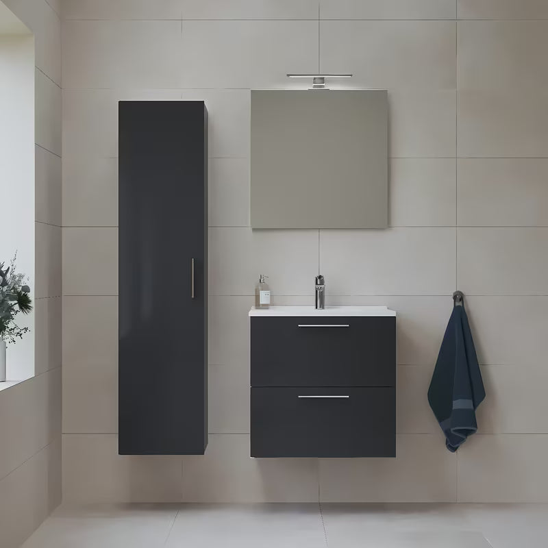 Koupalniški sestav vitra Mia u antracit sjaj izvedbi s keramičkim umivaonikom, ogledalom i LED rasvjetom.