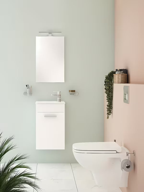 Bijela koupalniški sestav Vitra Mia z umivalnikom, s visećim ormarićem, ogledalom i LED rasvjetom