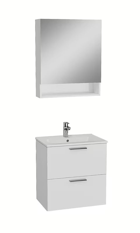 Bijela koupalniški sestav Vitra Mia s keramičkim umivaonikom, visećim ormarićem s ladicama i zrcalnim ormarićem.