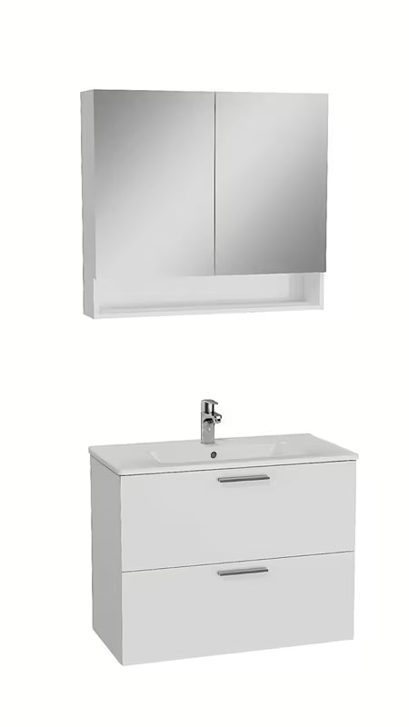 Bijela koupalniški sestav Vitra Mia s keramičkim umivaonikom, visećim ormarićem i zrcalnim ormarićem