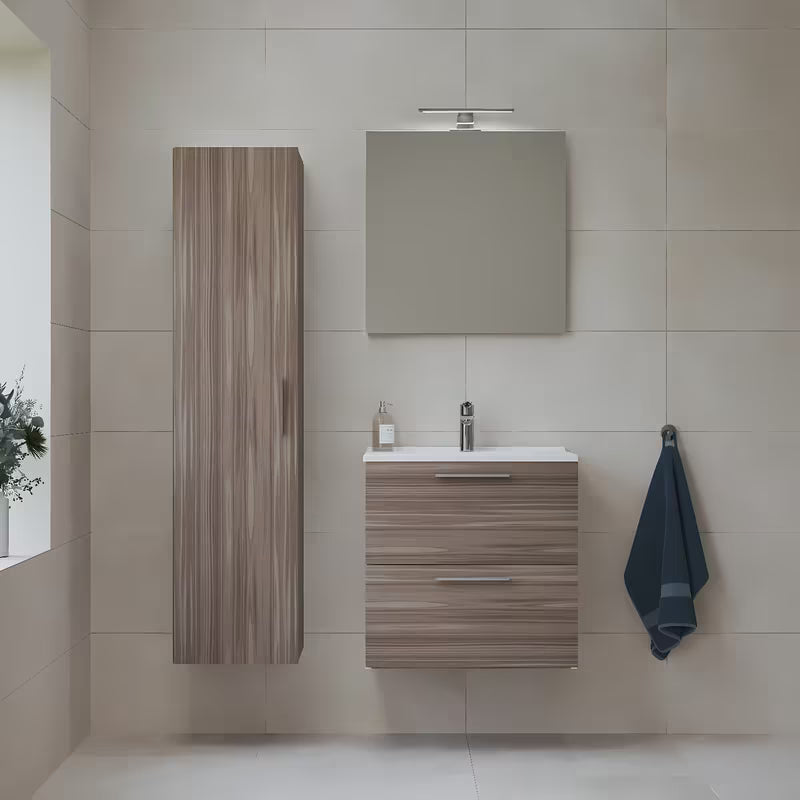 Koupalniški sestav vitra Mia u dekoru cordoba s keramičkim umivaonikom, ogledalom i LED rasvjetom.