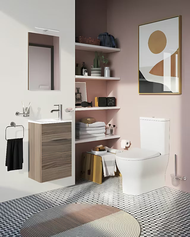 Koupalniški sestav vitra Mia u dekoru cordoba z umivalnikom, s visećim ormarićem, ogledalom i LED rasvjetom.