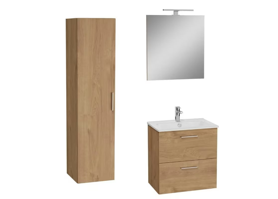 Koupalniški sestav vitra Mia u dekoru zlatnog hrasta s visećim ormarićem, umivaonikom, ogledalom i rasvjetom