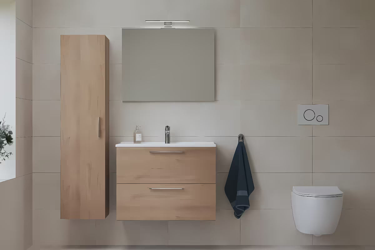 Koupalniški sestav vitra Mia u dekoru zlatnog hrasta s visećim ormarićem, umivaonikom, ogledalom i rasvjetom