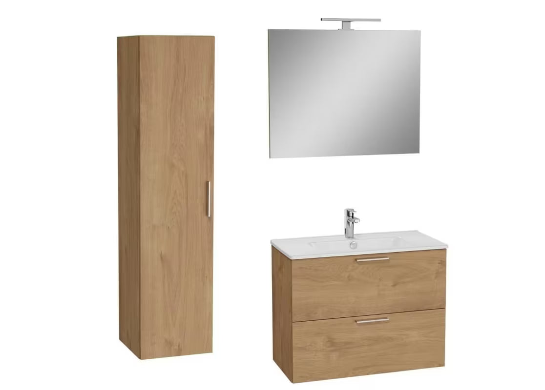 Koupalniški sestav vitra Mia u dekoru zlatnog hrasta s visećim ormarićem, umivaonikom, ogledalom i rasvjetom