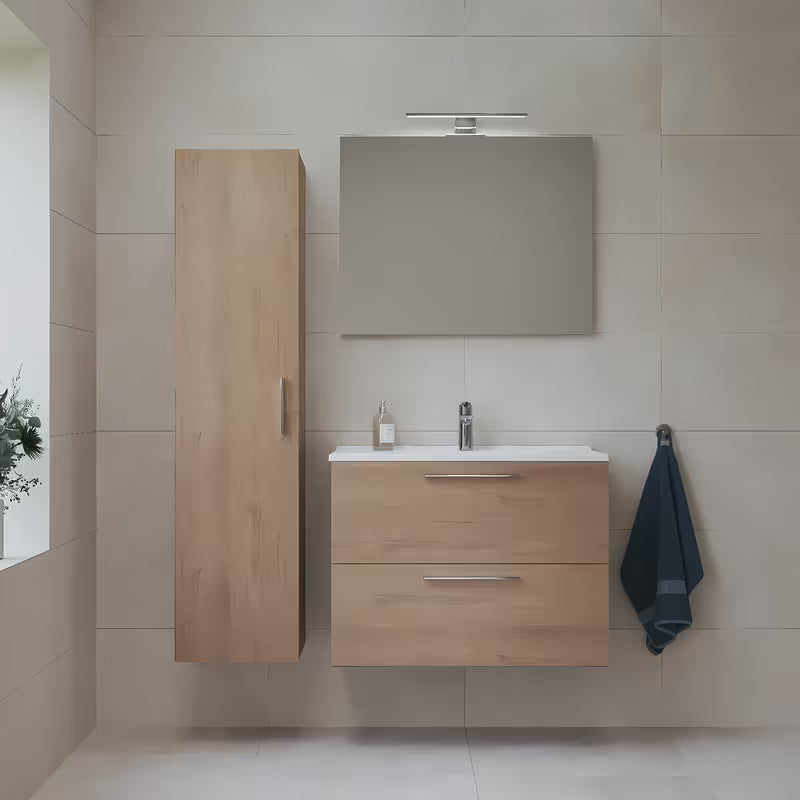 Koupalniški sestav vitra Mia u dekoru zlatnog hrasta s visećim ormarićem, umivaonikom, ogledalom i rasvjetom