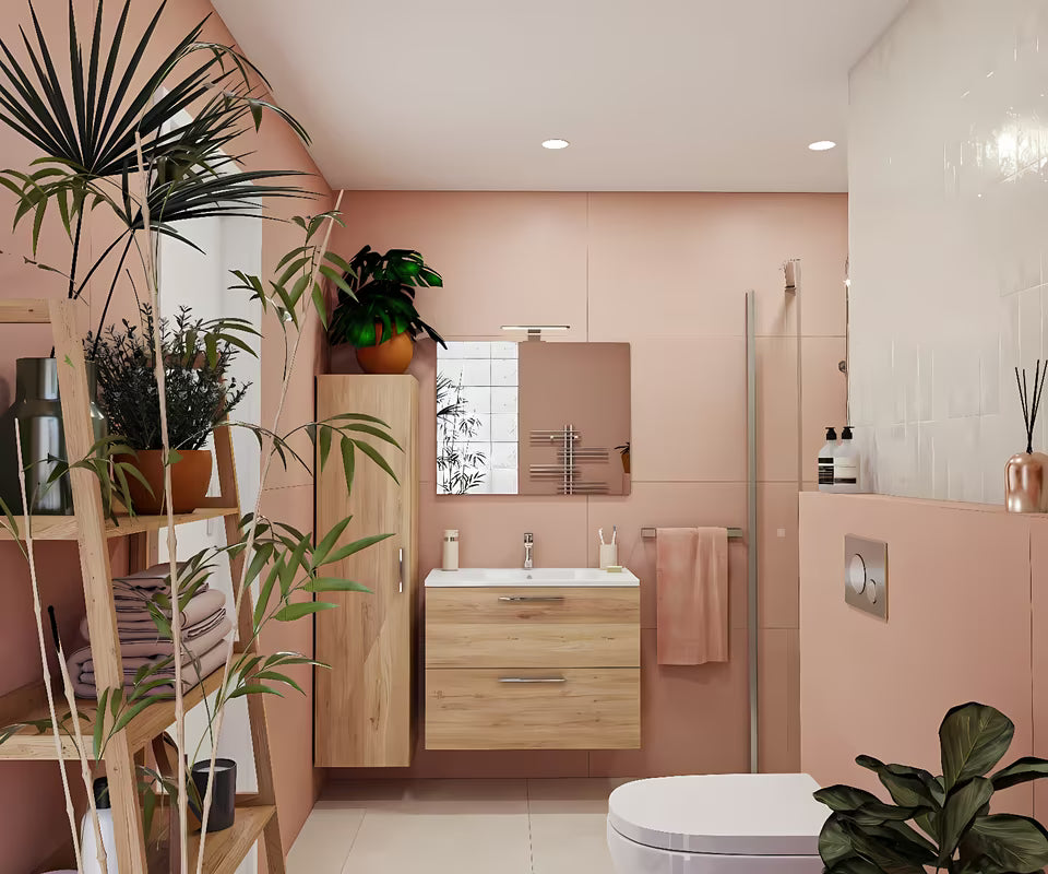 Koupalniški sestav vitra Mia u dekoru zlatnog hrasta s visećim ormarićem, umivaonikom, ogledalom i rasvjetom