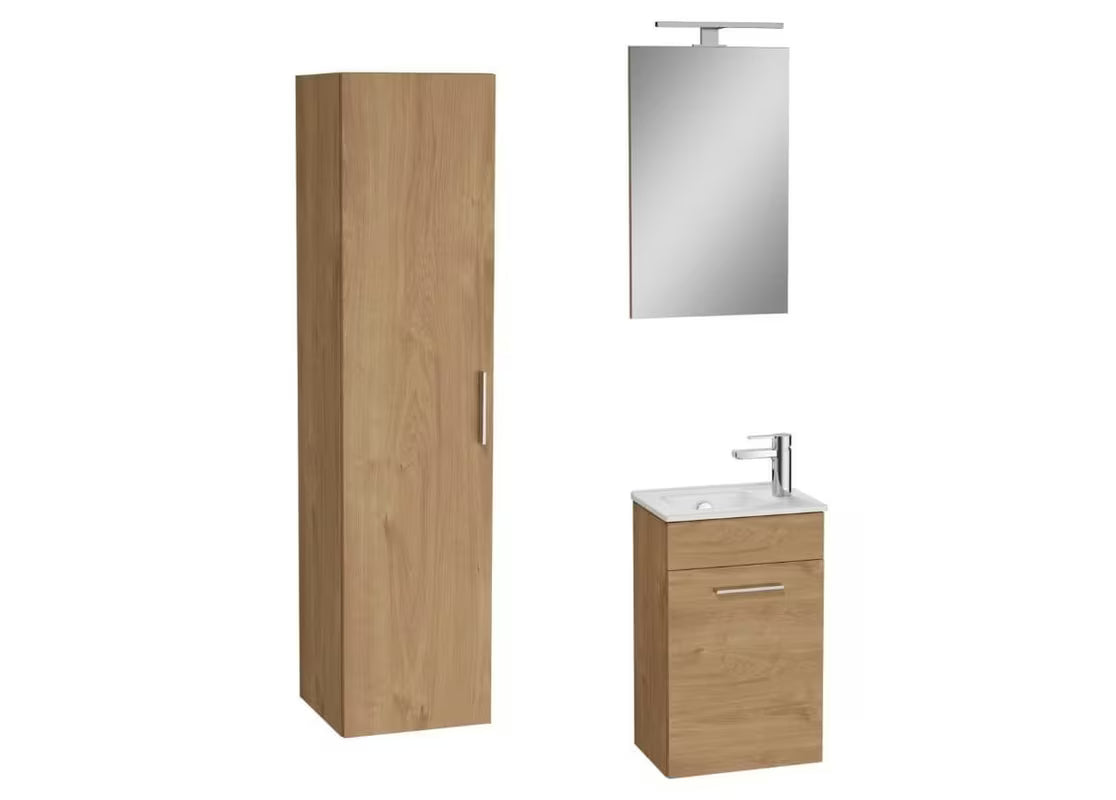 Viseča koupalniški sestav vitra Mia u izvedbi zlatni hrast z umivalnikom, ogledalom i LED rasvjetom