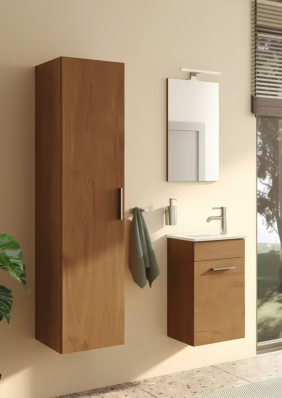 Viseča koupalniški sestav vitra Mia u izvedbi zlatni hrast z umivalnikom, ogledalom i LED rasvjetom