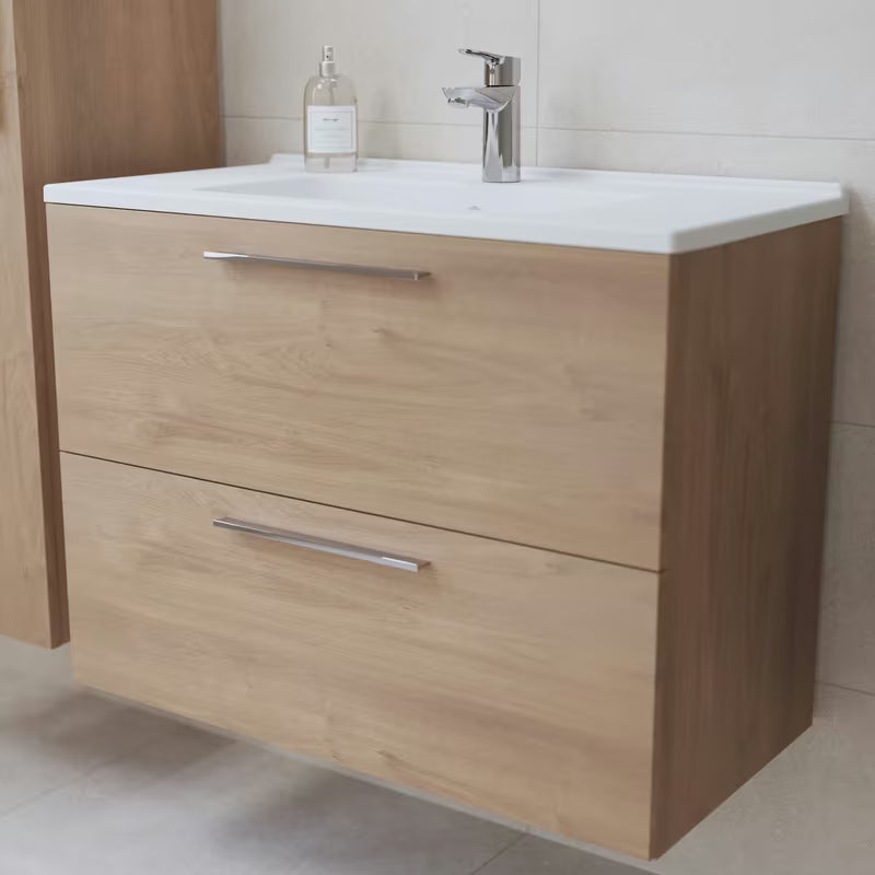 Koupalniški sestav Vitra Mia 79 x 39,5 cm u dekoru zlatni hrast s ormarićem, umivaonikom, ogledalom i LED rasvjetom.