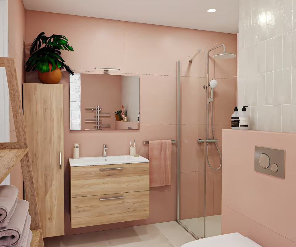 Koupalniški sestav Vitra Mia 79 x 39,5 cm u dekoru zlatni hrast s ormarićem, umivaonikom, ogledalom i LED rasvjetom.