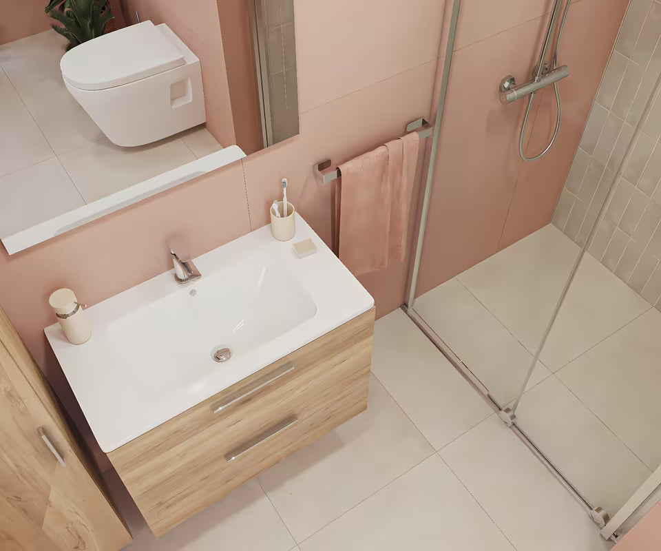 Koupalniški sestav Vitra Mia 79 x 39,5 cm u dekoru zlatni hrast s ormarićem, umivaonikom, ogledalom i LED rasvjetom.