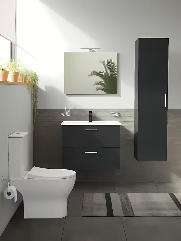 Koupalniški sestav Vitra Mia 79 x 39,5 cm v antracitni barvi z omarico, umivalnikom, ogledalom in LED osvetlitvijo.