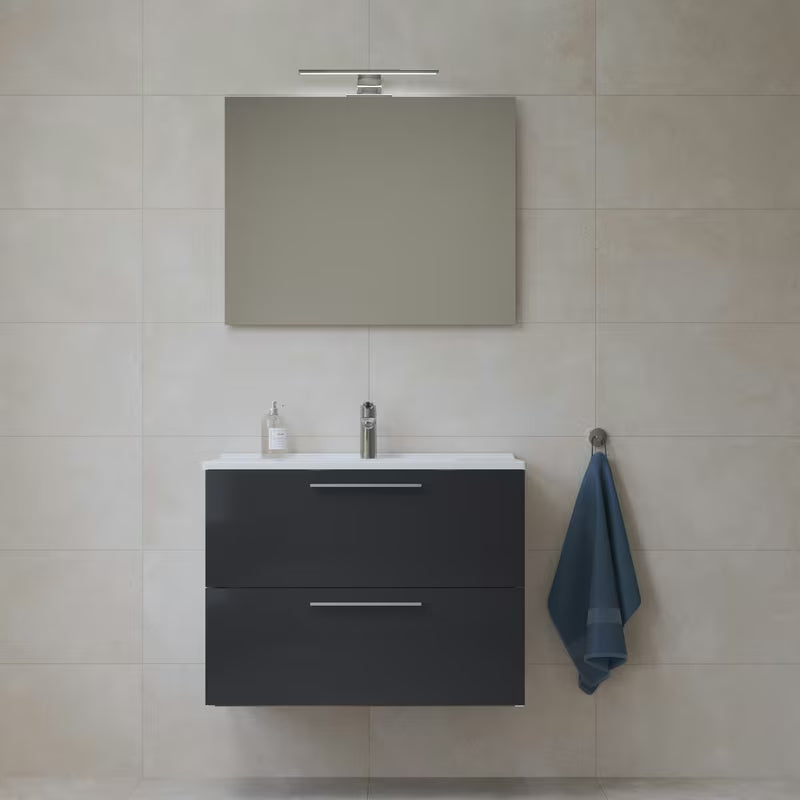 Koupalniški sestav Vitra Mia 79 x 39,5 cm v antracitni barvi z omarico, umivalnikom, ogledalom in LED osvetlitvijo.