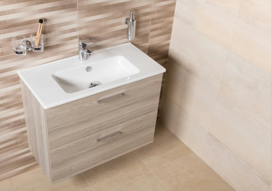 Koupalniški sestav Vitra Mia 79 x 39,5 cm v dekorju cordoba z omarico, umivalnikom, ogledalom in LED osvetlitvijo.