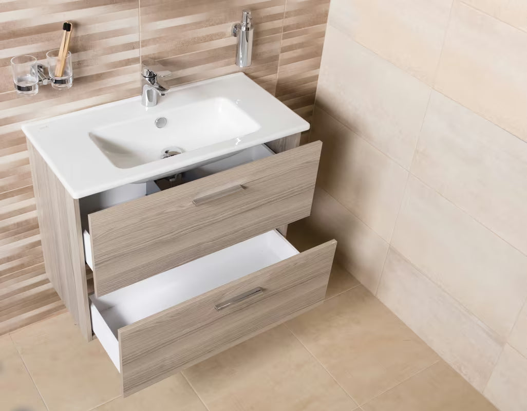 Koupalniški sestav Vitra Mia 79 x 39,5 cm v dekorju cordoba z omarico, umivalnikom, ogledalom in LED osvetlitvijo.