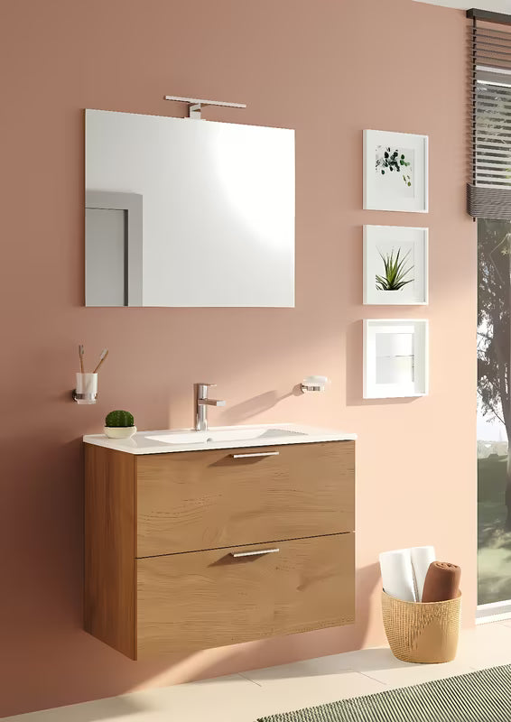 Koupalniški sestav Vitra Mia 79 x 39,5 cm v dekorju zlati hrast z omarico, umivalnikom, ogledalom in LED osvetlitvijo.