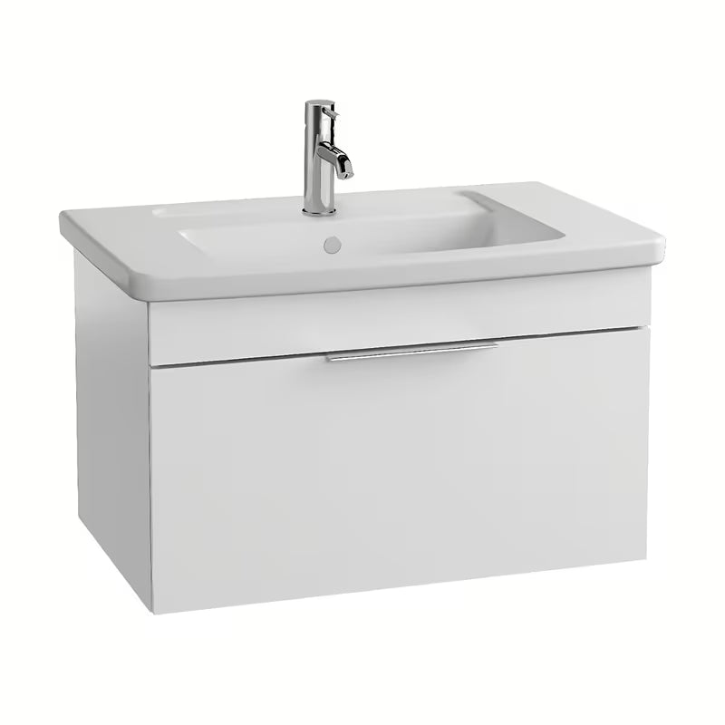 Viseča kopalniška omarica s keramičkim umivaonikom Vitra Mia u bijeloj sjajnoj boji