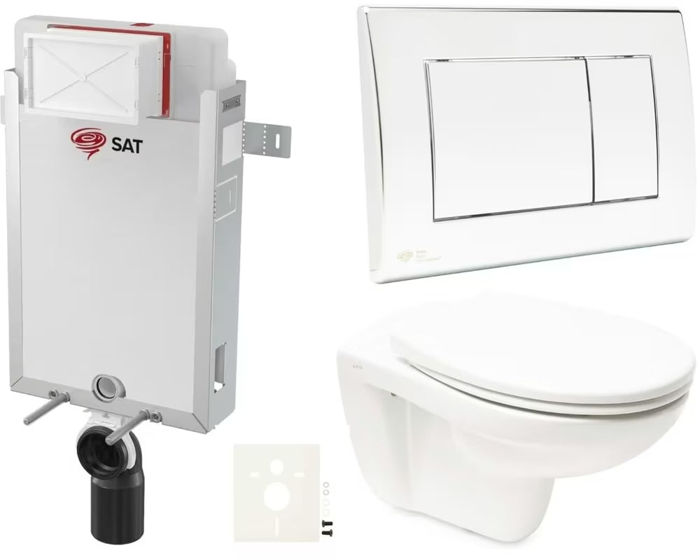 Viseči WC set Vitra Normus z modulom za vgradnjo v steno, splakovalnikom SAT, tipko v sijajnem kromu in sedežem