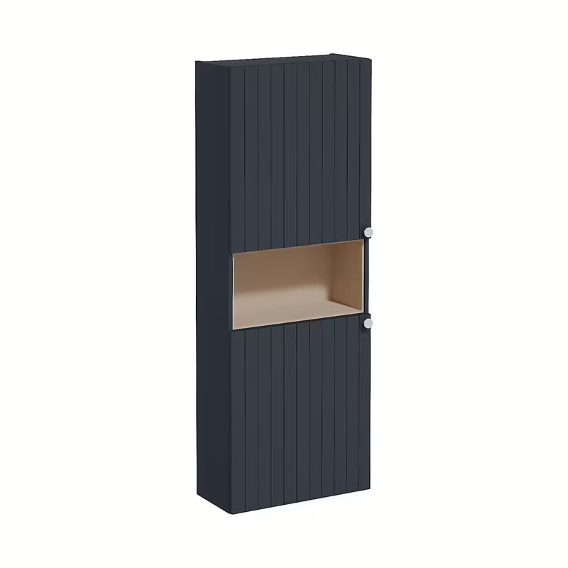 Viseča kopalniška omarica Vitra Root Groove 55x155x25 cm u mat tamnoplavoj boji s crnim ručkicama.