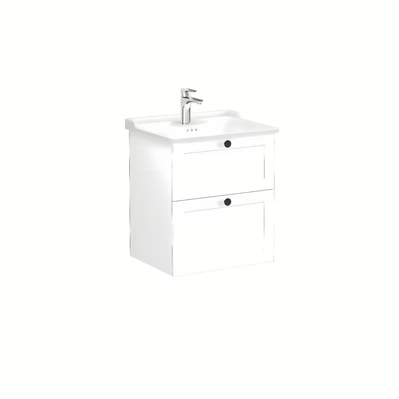 Viseča kopalniška omarica s keramičkim umivaonikom Vitra Root Classic u bijeloj mat boji s crnim ručkicama.