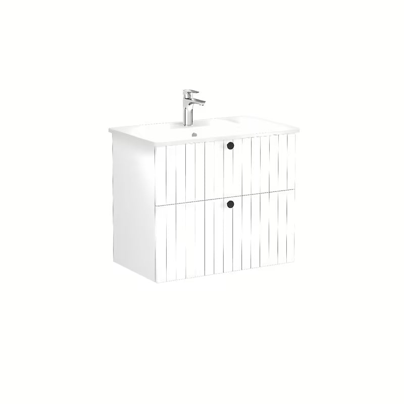 Viseča kopalniška omarica s keramičkim umivaonikom Vitra Root u mat bijeloj boji s crnim ručkicama.