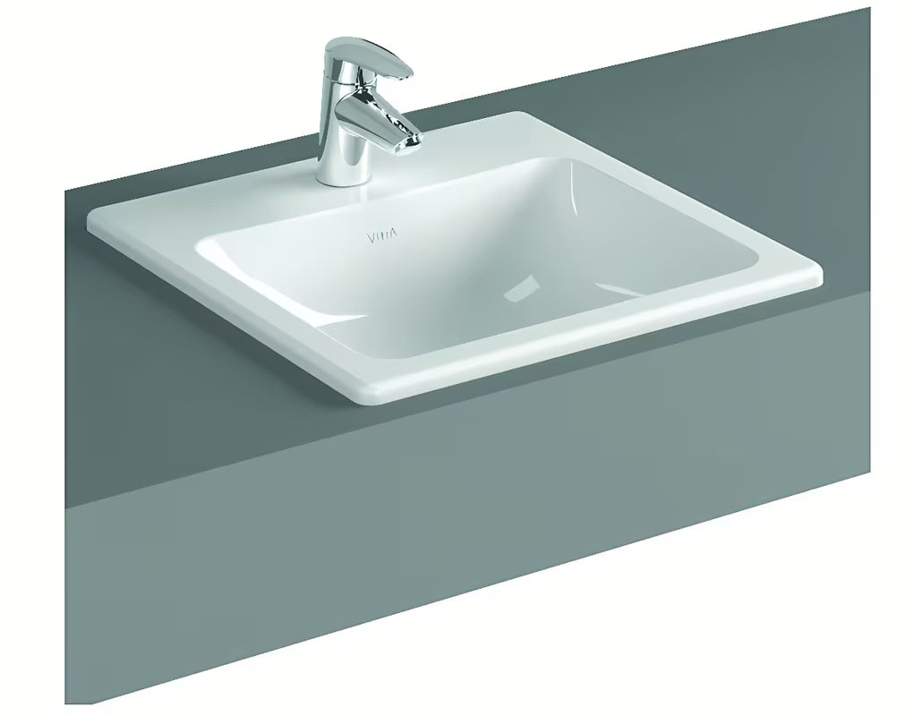 Vgradni umivalnik Vitra S20 55 x 45 cm v beli keramiki s prelivom in odprtino pro za armaturo na sredini
