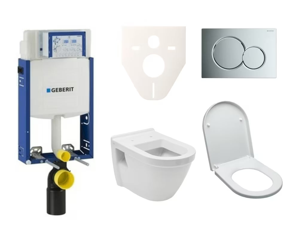 Viseči WC set vitra Integra z modulom za vzidavo, splakovalnikom Geberit Kombifix in kromirano splakovalno tipko.