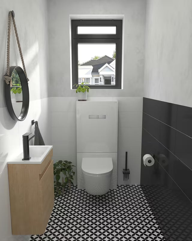 Sanitarni modul Vitra Vitrus s bijelom prednjom pločom od sigurnosnog stakla pro viseča WC školjka.