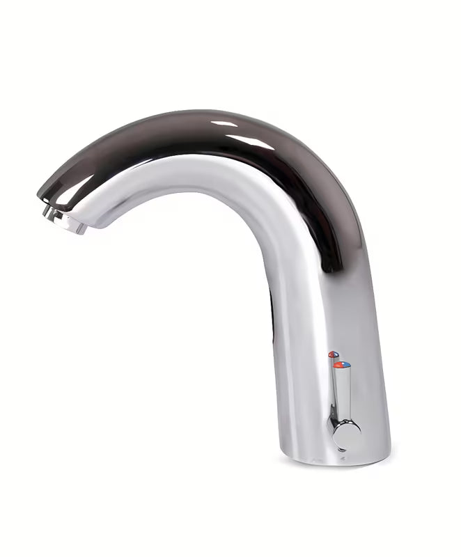 Kromirana senzorska armatura za umivalnik Weltservis Donner s infracrvenim aktiviranjem i ručicom za regulaciju temperature.