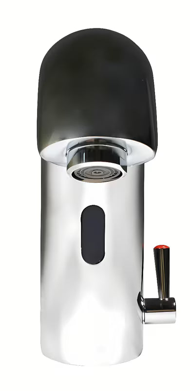 Kromirana senzorska armatura za umivalnik Weltservis Donner s infracrvenim aktiviranjem i ručicom za regulaciju temperature.