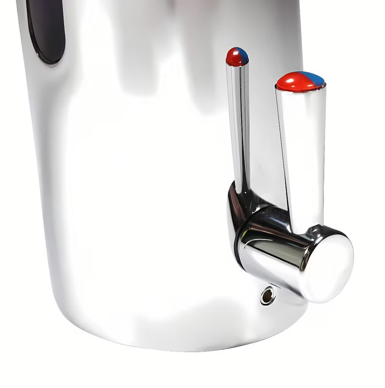 Kromirana senzorska armatura za umivalnik Weltservis Donner s infracrvenim aktiviranjem i ručicom za regulaciju temperature.