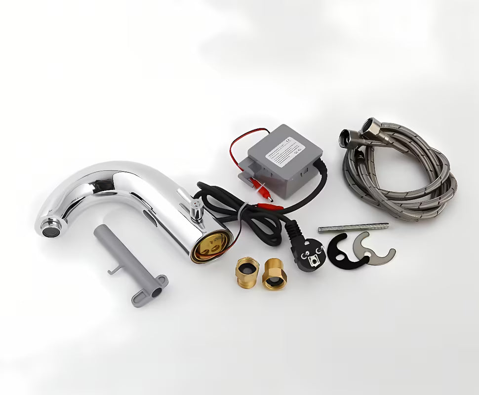 Kromirana senzorska armatura za umivalnik Weltservis Donner s infracrvenim aktiviranjem i ručicom za podešavanje temperature.