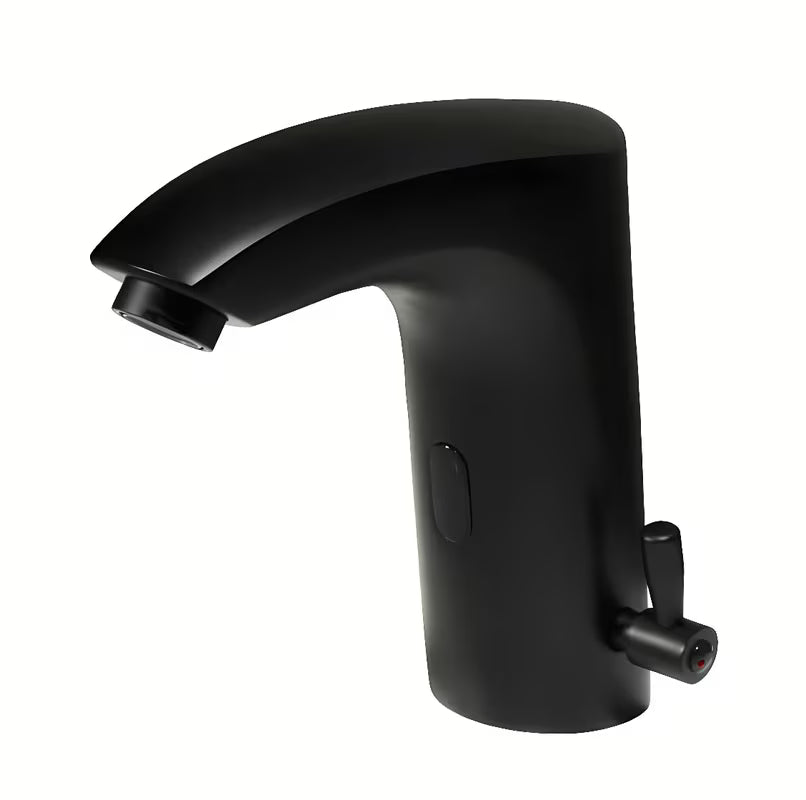 Crna beskontaktna armatura za umivalnik Weltservis Donner AutoFlow 02 s infracrvenim senzorom i ručicom pro za podešavanje temperature.