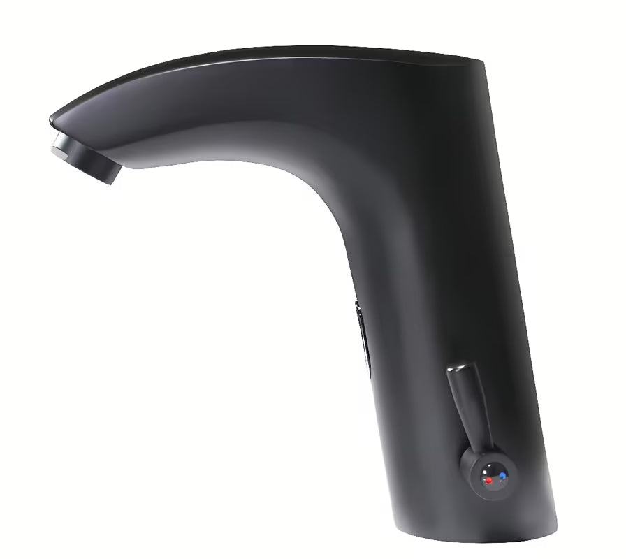 Crna beskontaktna armatura za umivalnik Weltservis Donner AutoFlow 02 s infracrvenim senzorom i ručicom pro za podešavanje temperature.