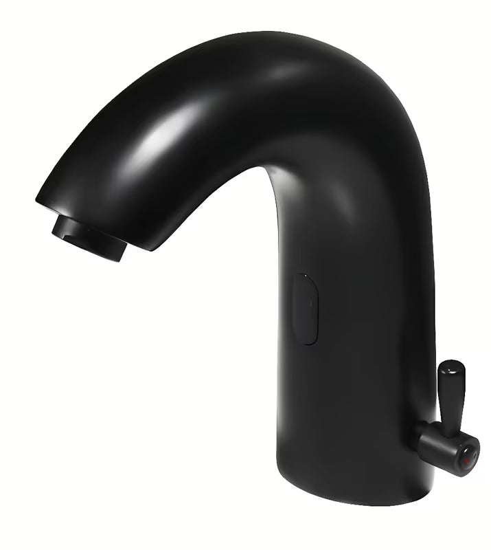 Crna beskontaktna armatura za umivalnik Weltservis Donner AutoFlow 03 s infracrvenim senzorom i upravljačkom ručicom.