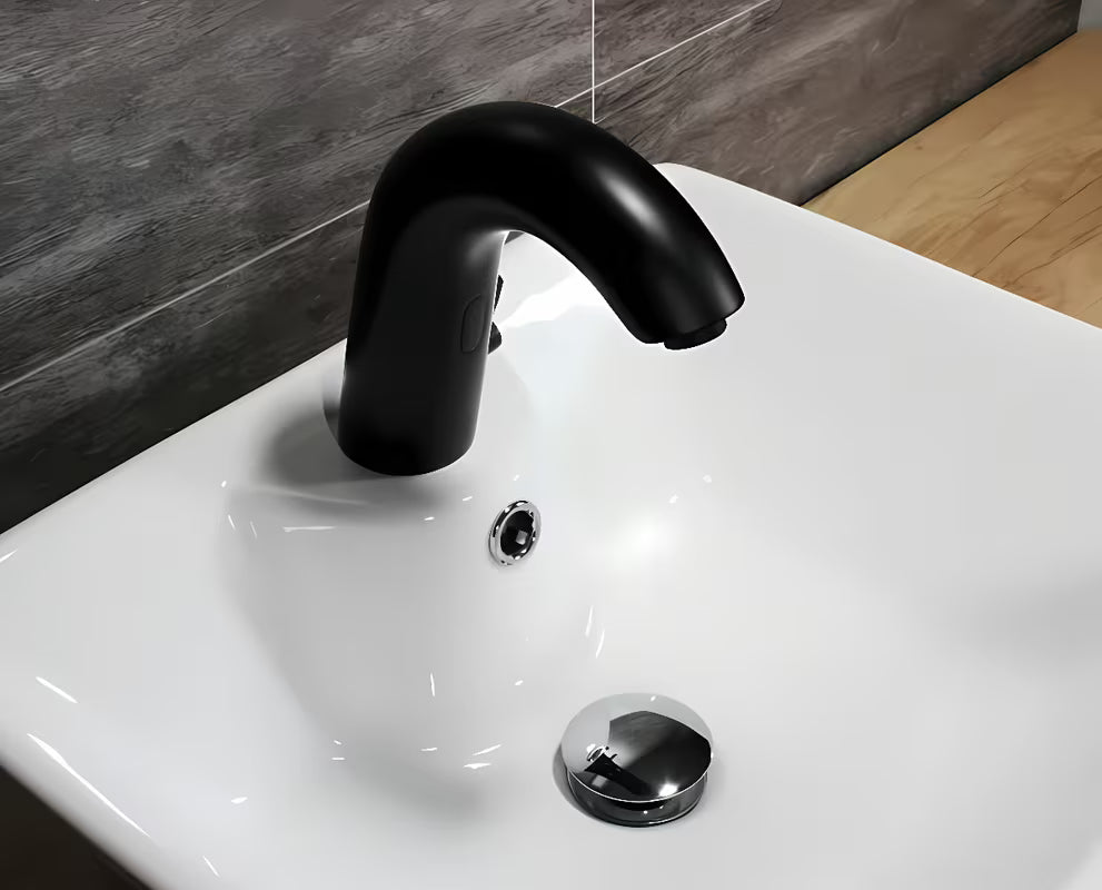 Crna beskontaktna armatura za umivalnik Weltservis Donner AutoFlow 03 s infracrvenim senzorom i upravljačkom ručicom.