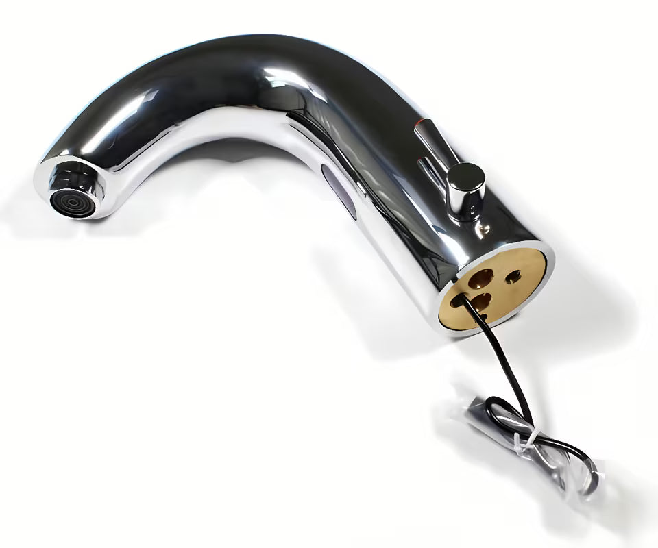 Crna beskontaktna armatura za umivalnik Weltservis Donner AutoFlow 03 s infracrvenim senzorom i upravljačkom ručicom.