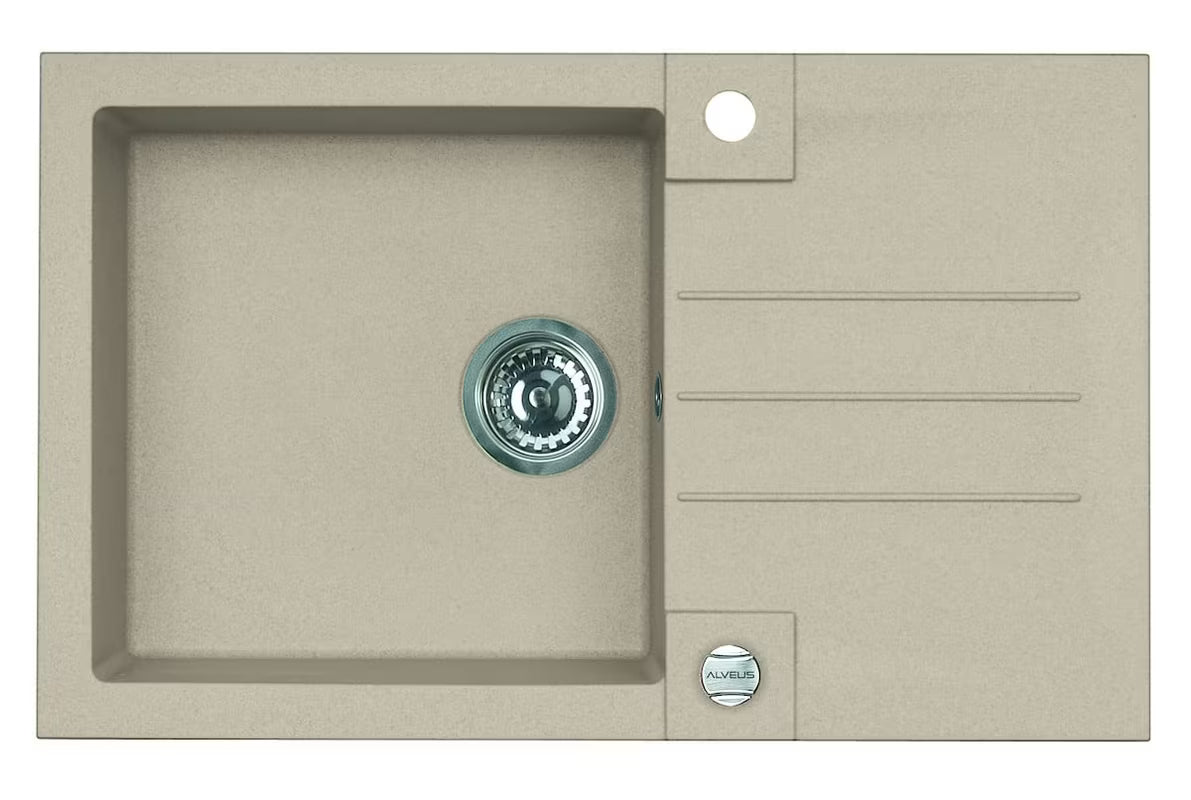 Bež granitni pomivalno korito Alveus Rock 130 z odcejalnikom, montaža za delovni pult