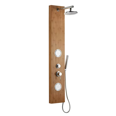 Tuš hidromasažni panel Anima Bamboo Shower iz bambusa z nadglavno in ročno prho ter masažnimi šobami.