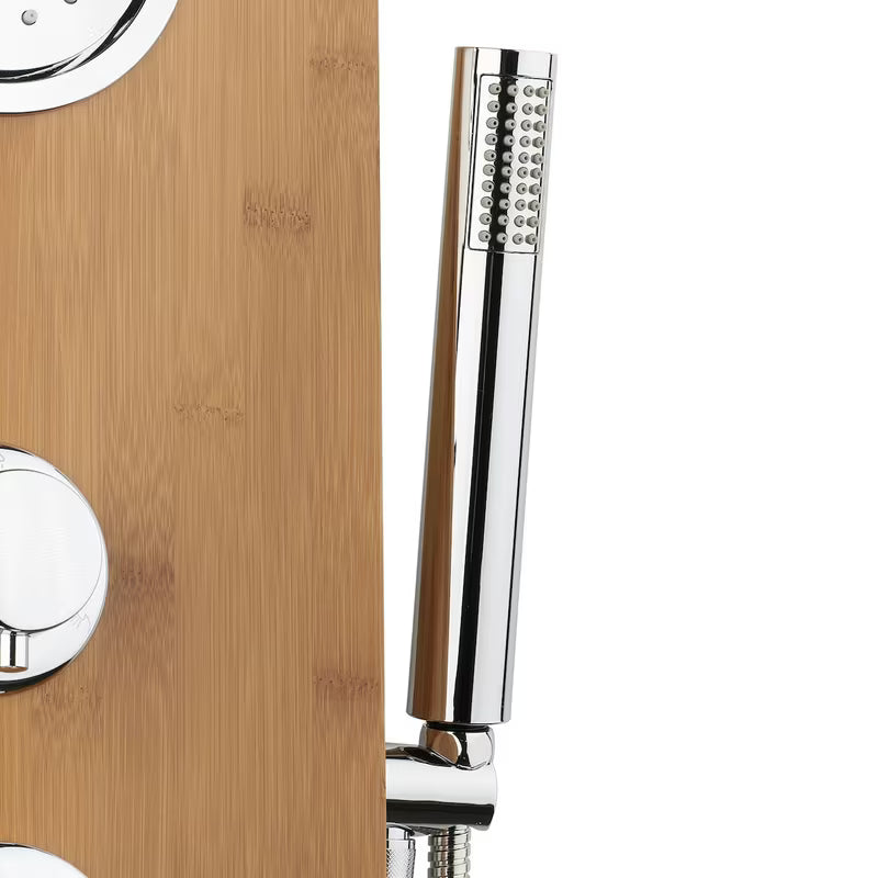 Tuš hidromasažni panel Anima Bamboo Shower iz bambusa z nadglavno in ročno prho ter masažnimi šobami.