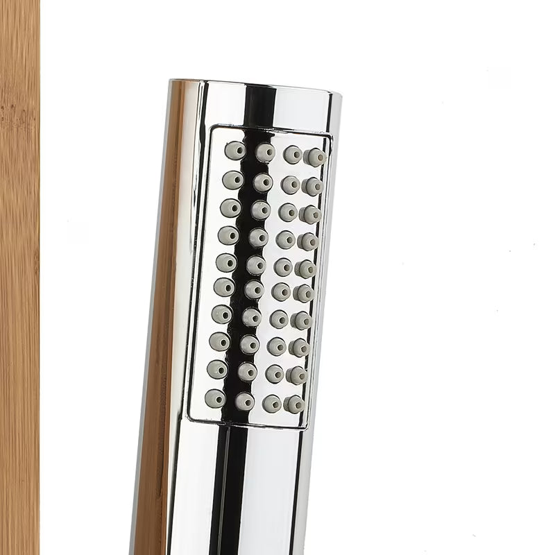 Tuš hidromasažni panel Anima Bamboo Shower iz bambusa z nadglavno in ročno prho ter masažnimi šobami.