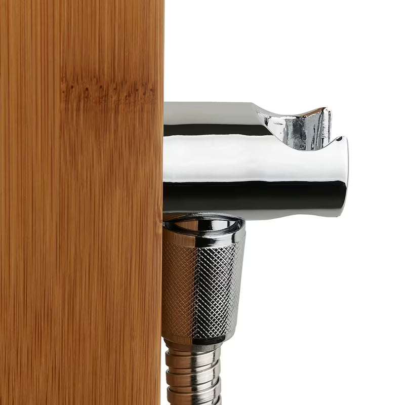 Tuš hidromasažni panel Anima Bamboo Shower iz bambusa z nadglavno in ročno prho ter masažnimi šobami.