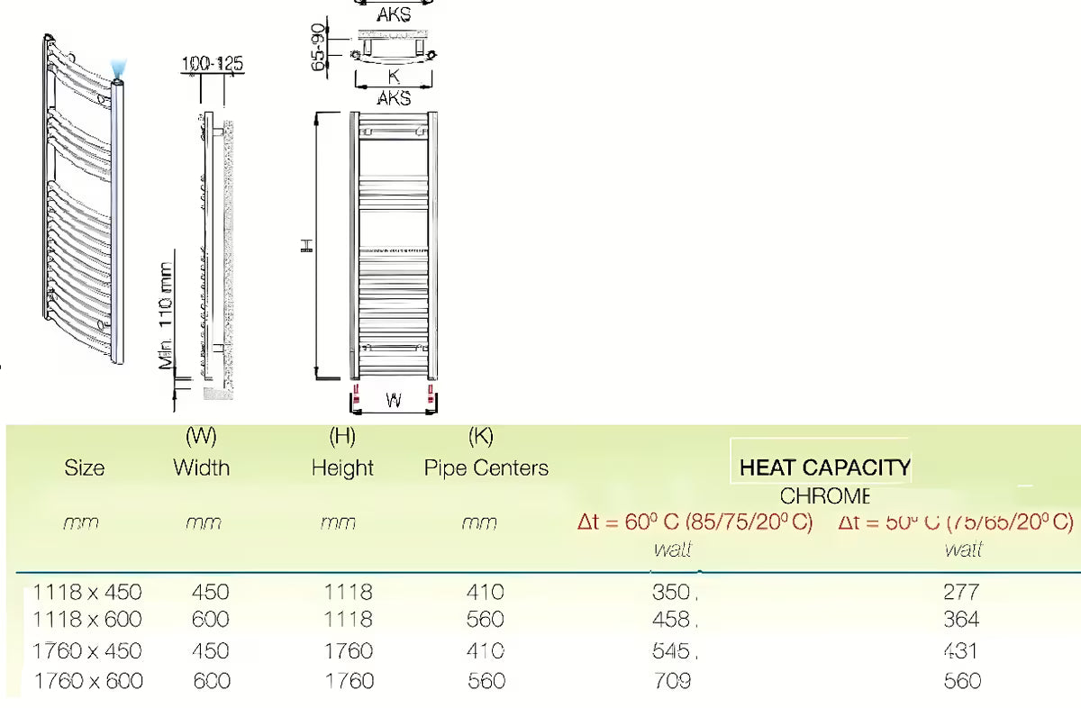 Kombiniran kopalniški radiator Anima Marcus 600x1118 mm v krom izvedbi z ukrivljenim profilom.