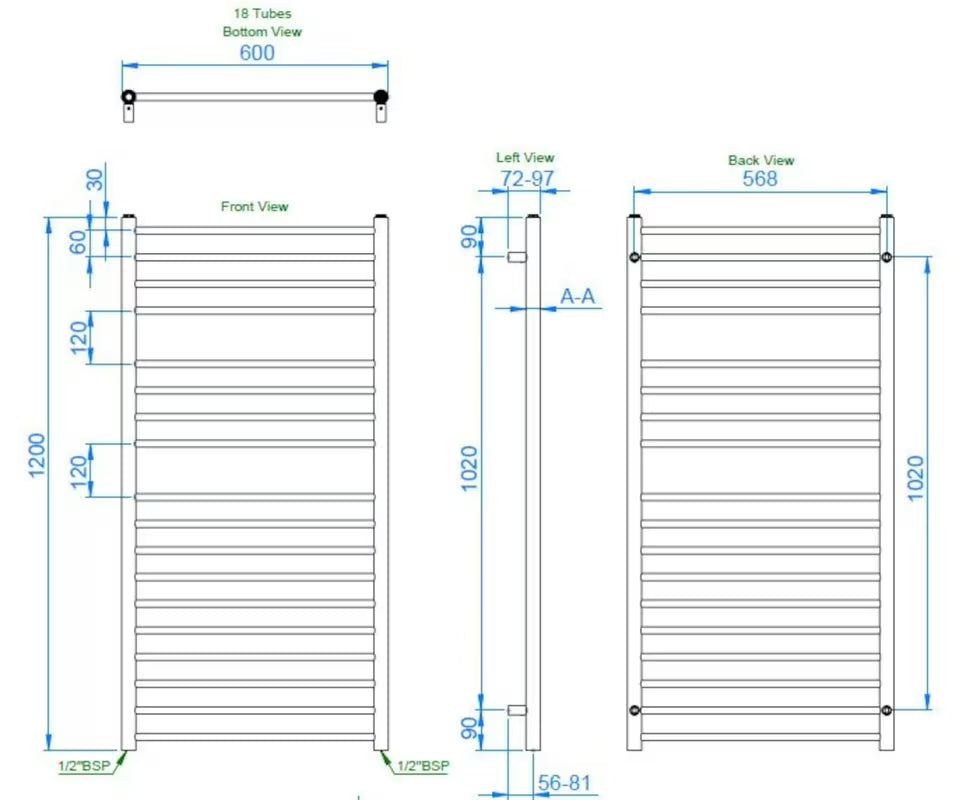 Kombiniran kopalniški radiator Anima Paul 60x120 cm v izvedbi polirano nerjavno jeklo chrome.