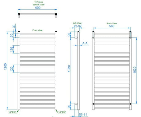 Kombiniran kopalniški radiator Anima Paul 60x120 cm v izvedbi polirano nerjavno jeklo chrome.