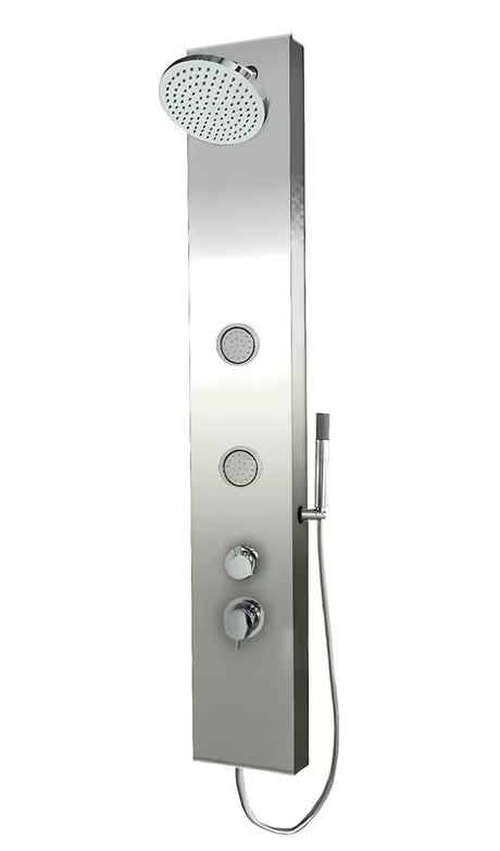 Tuš panel Anima Primeshower z enoročnim mešalnikom, zgornjo deževno prho, ročno prho in masažnimi šobami.