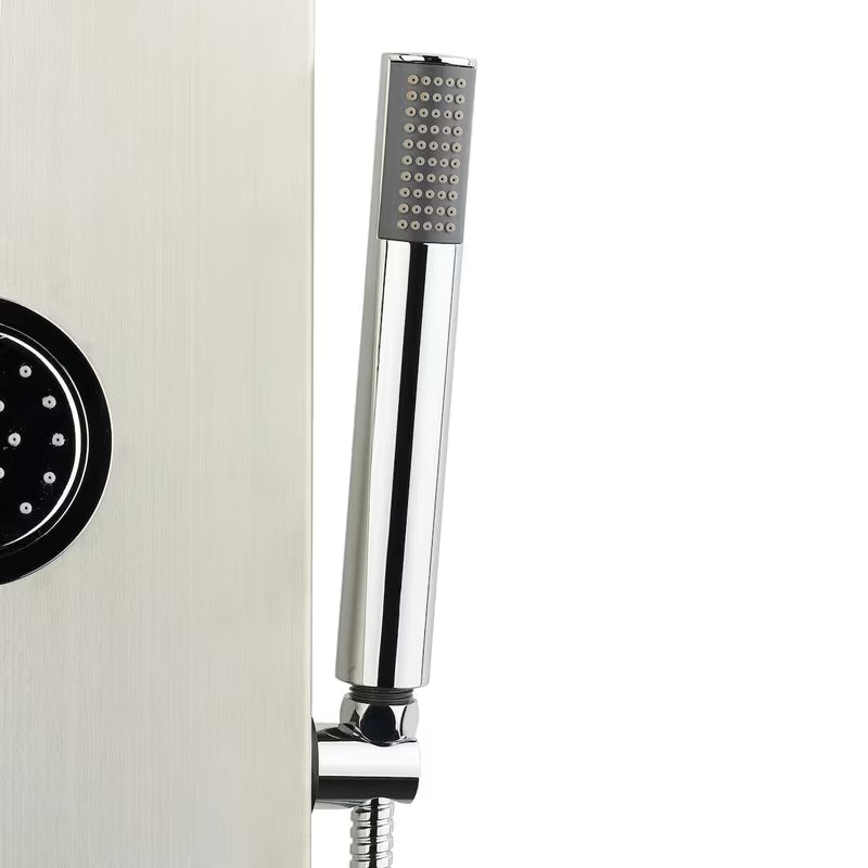 Tuš panel Anima Primeshower z enoročnim mešalnikom, zgornjo deževno prho, ročno prho in masažnimi šobami.