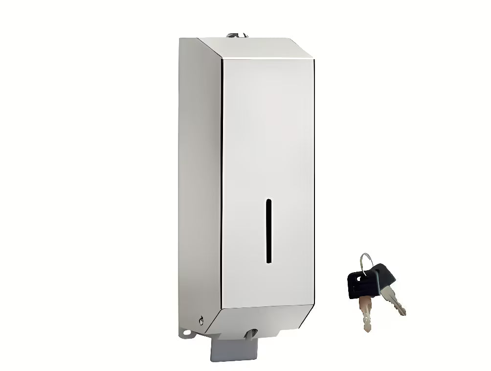 Zaklepni stenski dozirnik tekočega mila Bemeta v sijajni nerjavni izvedbi s prostornino 1 100 ml.